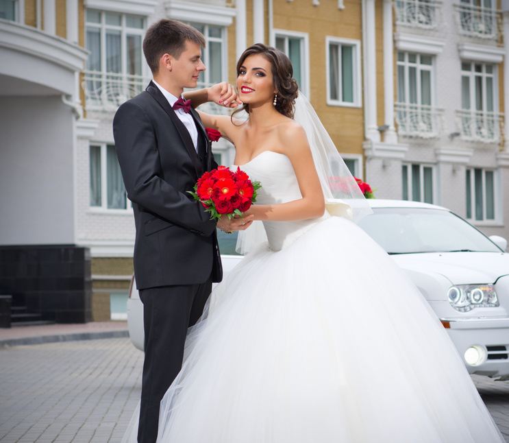 Couple posing in front of limousine